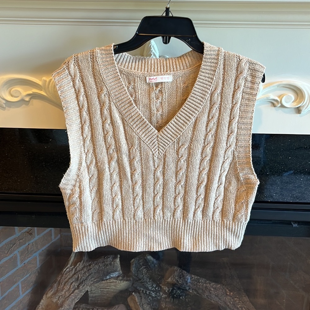 Crop Cable Knit Sweater Light Tan V Neck Womens Small